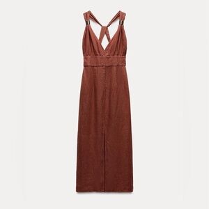 ZARA Linen Midi Dress With Gold Detail Front Slit Terra Cotta S